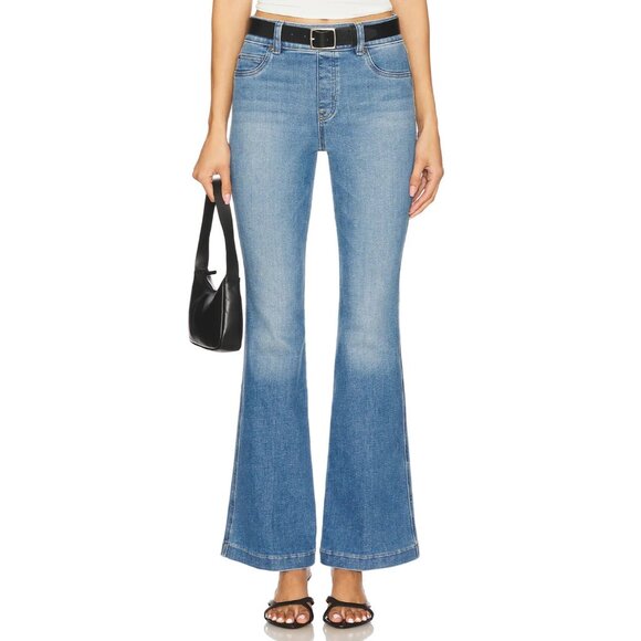 Spanx Women's Denim Flare Jeans Stonewashed Blue Size Medium Petite New - Picture 1 of 8